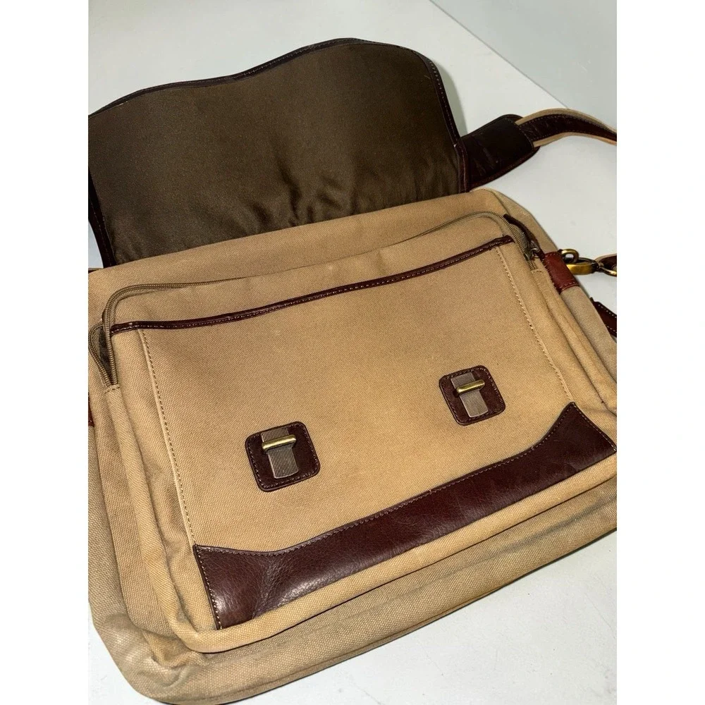 Bosca Leather & Canvas Messenger Bag Briefcase Tan & Brown Attache Laptop Work